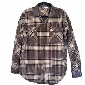 Grace Karin Plaid Button Up‎ Jacket Shirt Flannel Brown Beige Faux Leather L.A97